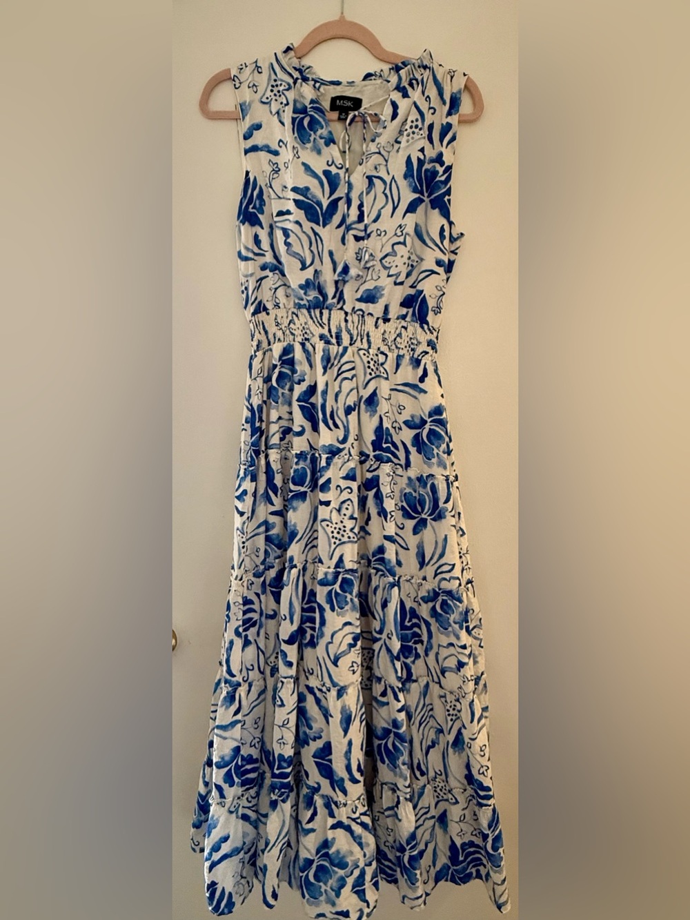 MSK White and Blue Floral Tie-Neck Sleeveless Dress Size:M